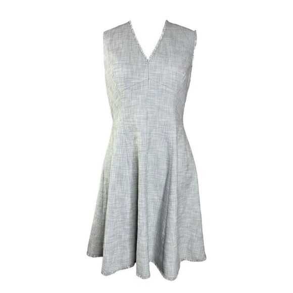 Rebecca Taylor Slub Suit Dress 8 Light Gray Sleevless Fit & Flare Woven Cotton - Picture 4 of 13